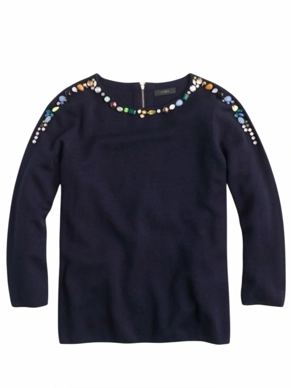 J. Crew Beaded Navy Merino Wool Blend Sweater 3/4 Sleeve Crewneck Size XS